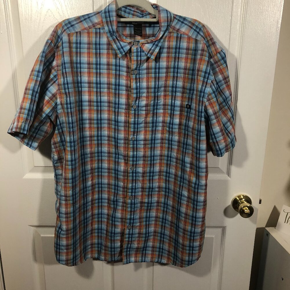 Marmot men blue red and orange plaid hiking outdoor shirt, XXL